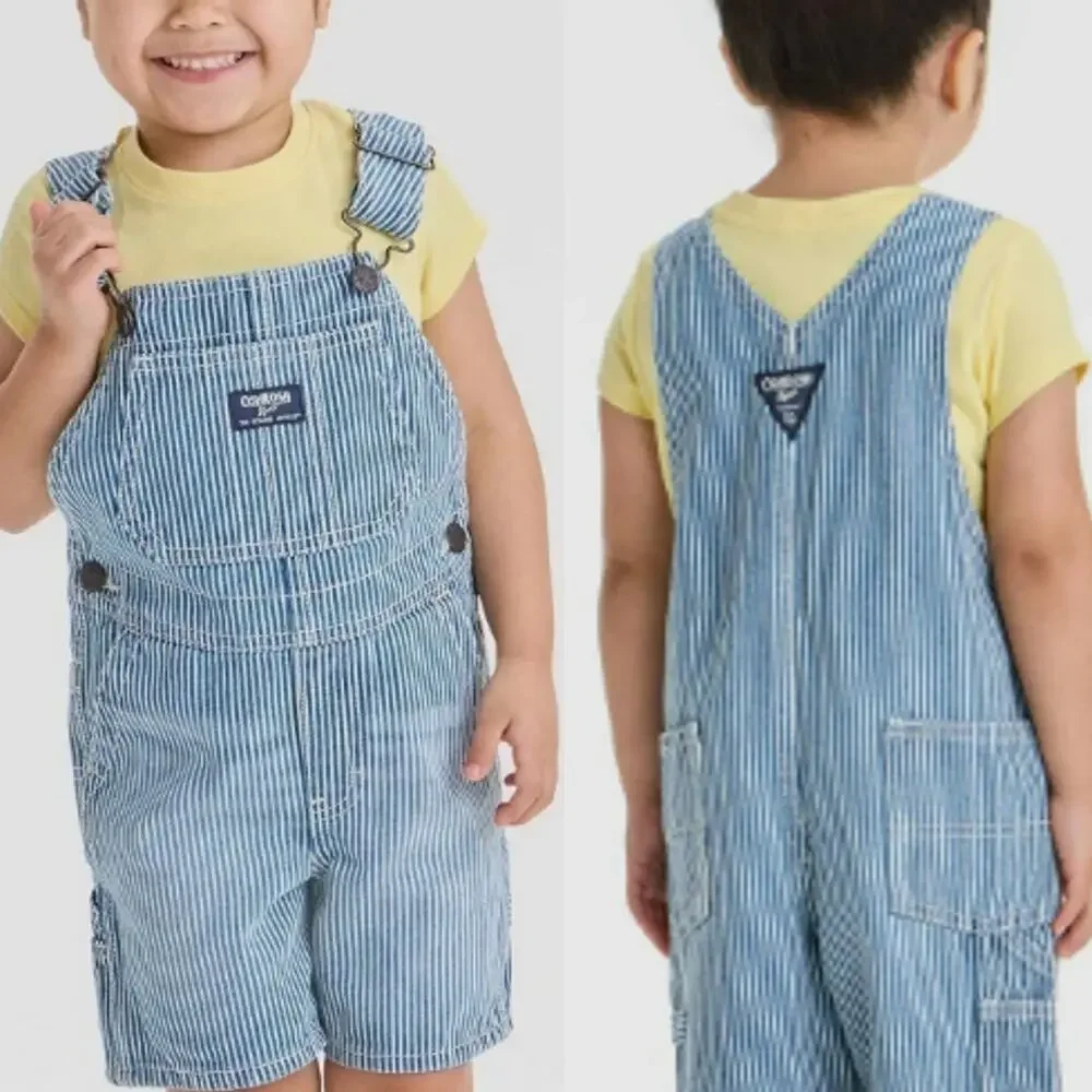 OshKosh B'gosh Railroad Striped Bib Shortalls Overalls Unisex 2T Blue White New